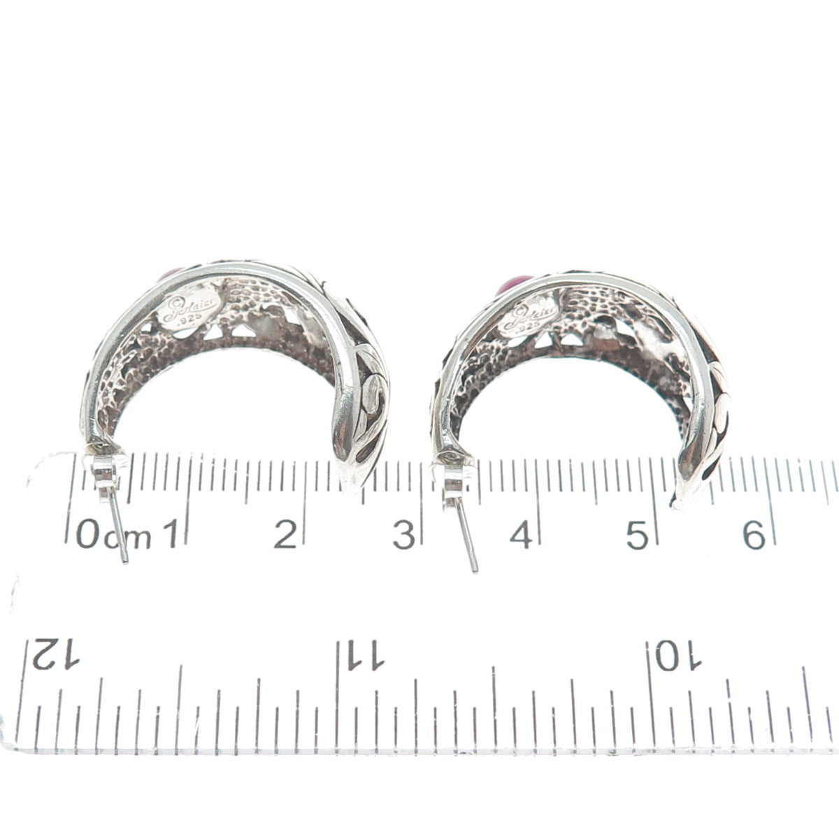 JEZLAINE 925 Sterling Silver Vintage Real Rhodonite Gem Floral Oxidized Earrings