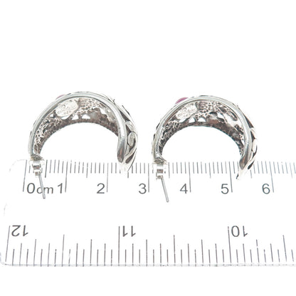 JEZLAINE 925 Sterling Silver Vintage Real Rhodonite Gem Floral Oxidized Earrings