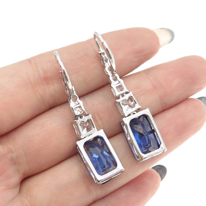 925 Sterling Silver Radiant & Princess-Cut Blue White C Z Graduated Earrings