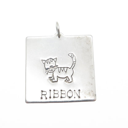 LUCY ANN ELEMENTS 925 Sterling Silver Vintage USA Ribbon Kitty Tag Pendant