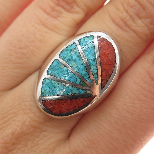 Old Pawn 925 Sterling Silver Vintage Turquoise Coral Inlay Tribal Ring Size 7.75