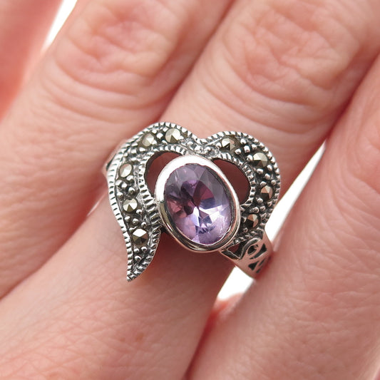 925 Sterling Silver Vintage Real Amethyst & Marcasite Heart Oxidized Ring Size 7