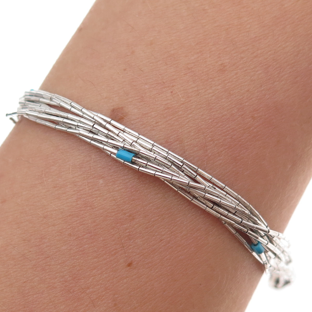 Old Pawn 925 Sterling Silver Vintage Turquoise Tribal Liquid Chain Bracelet 7"