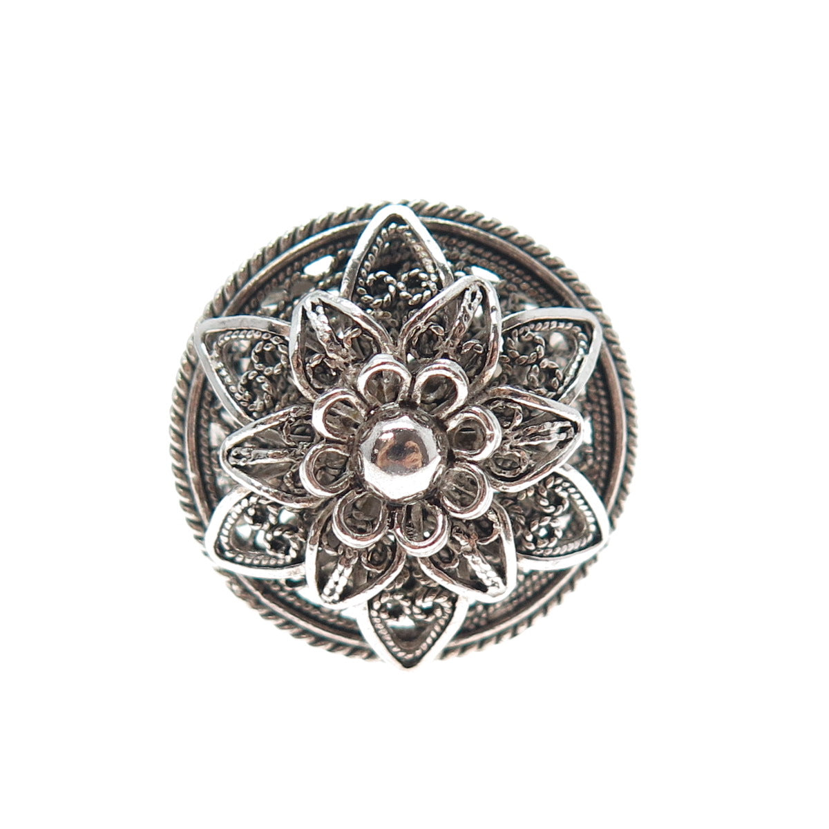 925 Sterling Silver Vintage Filigree Flower Oxidized Ring Size 11.25