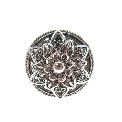 925 Sterling Silver Vintage Filigree Flower Oxidized Ring Size 11.25