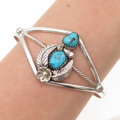 Old Pawn 925 Sterling Vintage Turquoise Floral & Feather Adjustable Bracelet 6"