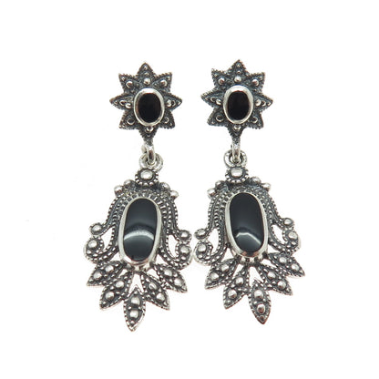 CHAPAL ZENRAY 925 Sterling Silver Vintage Black Onyx Oxidized Dangle Earrings