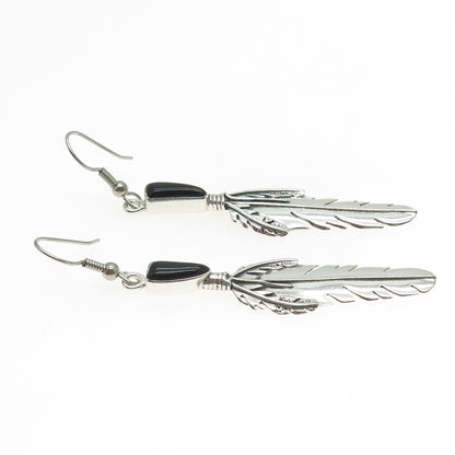 TED OTT Old Pawn 925 Sterling Silver Southwestern Black Onyx Feather Earrings