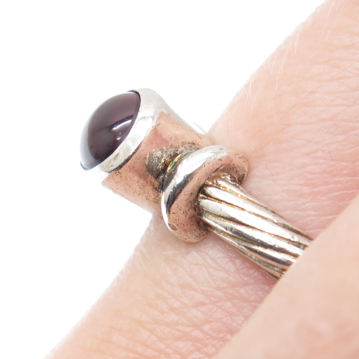 925 Sterling Silver Vintage Real Tourmaline Gem Twisted Oxidized Ring Size 8.75