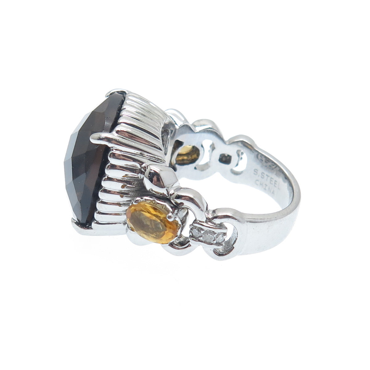FADI Stainless Steel Real Diamond Smoky Quartz & Citrine Gemstone Ring Size 5.25