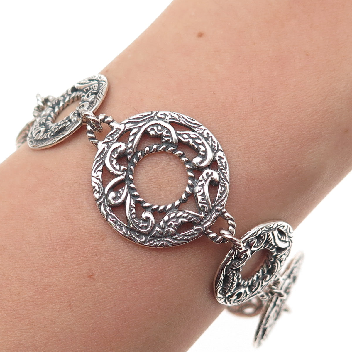 Carolyn Pollack 925 Sterling Silver Vintage Ornate Disc Link Bracelet 8"