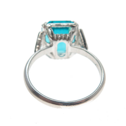 925 Sterling Silver Antique Art Deco Emerald-Cut Blue Glass Ring Size 7