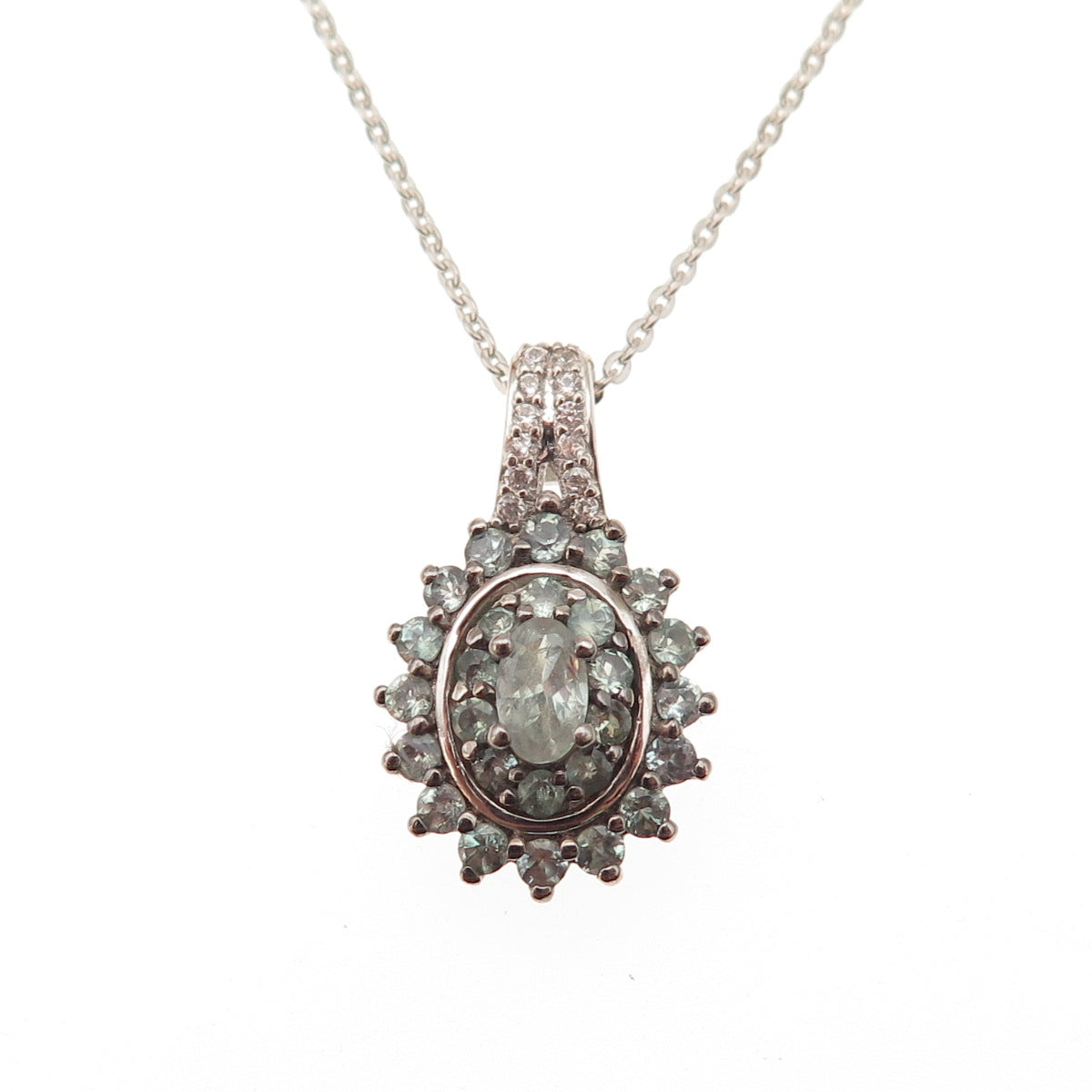 D'Joy Sterling Silver Real Green Sapphire & White Topaz Cable Chain Necklace 20"