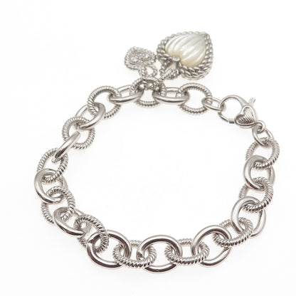 JUDITH RIPKA 925 Sterling Silver Real MOP & C Z Heart Charm Bracelet 7"