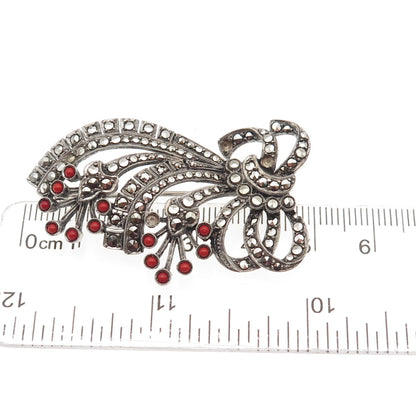 835 Silver Antique Art Deco Real Coral & Marcasite Pin Brooch (missing 3 stones)