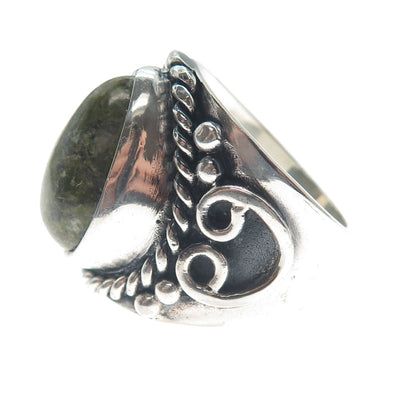925 Sterling Silver Vintage Real Pear-Cut Unakite Heart Oxidized Ring Size 8.5