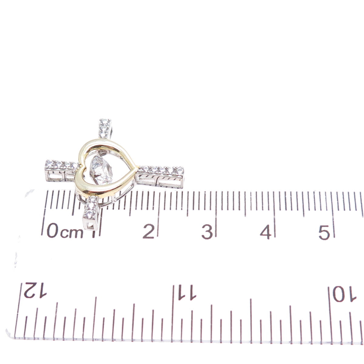925 Sterling Silver 2-Tone Round-Cut C Z Heart Cross Minimalist Slide Pendant