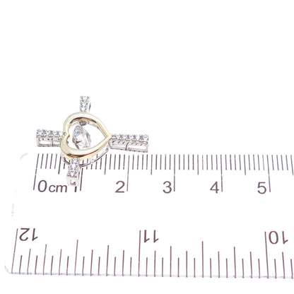925 Sterling Silver 2-Tone Round-Cut C Z Heart Cross Minimalist Slide Pendant