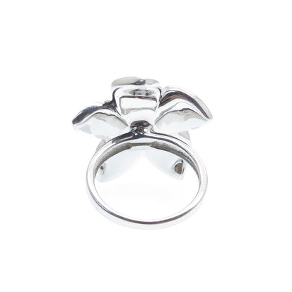 925 Sterling Silver Enamel Real Diamond Hawaiian Plumeria Flower Ring Size 7