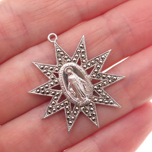 925 Sterling Silver Antique Art Deco Real Marcasite St. Mary Miraculous Pendant
