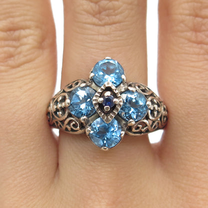 925 Sterling Silver Vintage Real Round-Cut Sapphire & Blue Topaz Ring Size 9