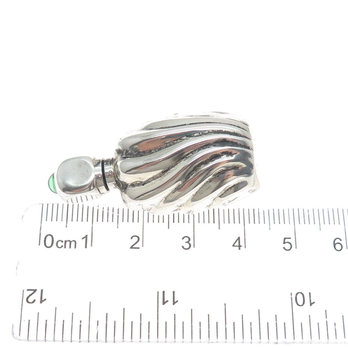 925 Sterling Silver Vintage Mexico Green Glass Modernist Oxidized Perfume Bottle