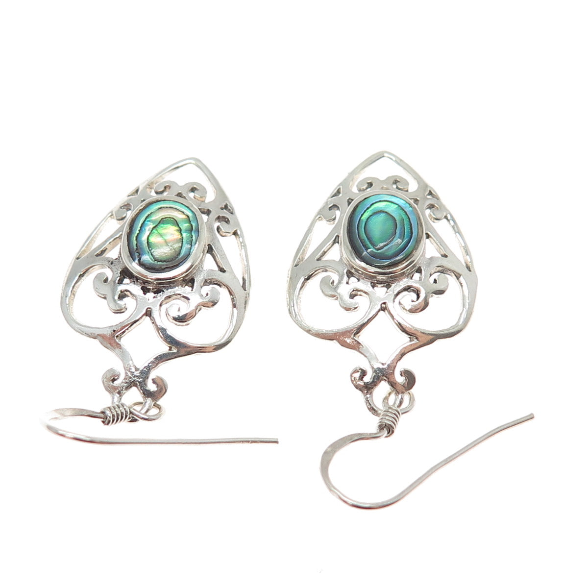 925 Sterling Silver Vintage Real Abalone Shell Ornate Heart Dangle Earrings