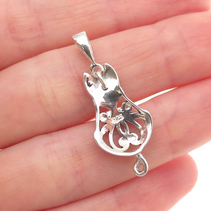 925 Sterling Silver Vintage Cat Ornate Oxidized Charm Pendant