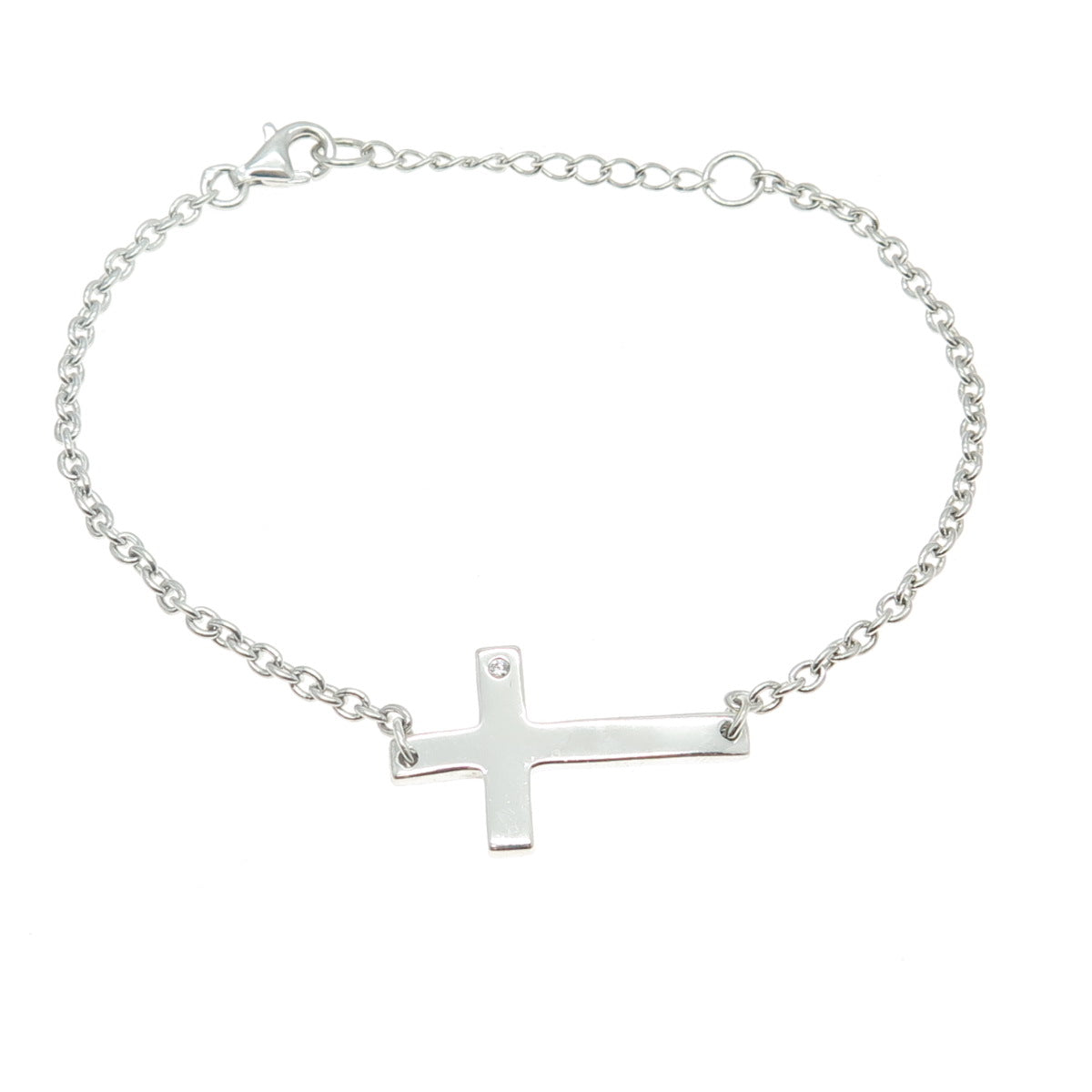 925 Sterling Silver Real Round-Cut Diamond Cross Cable Link Bracelet 6.5-8"