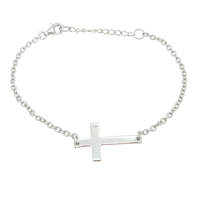 925 Sterling Silver Real Round-Cut Diamond Cross Cable Link Bracelet 6.5-8"