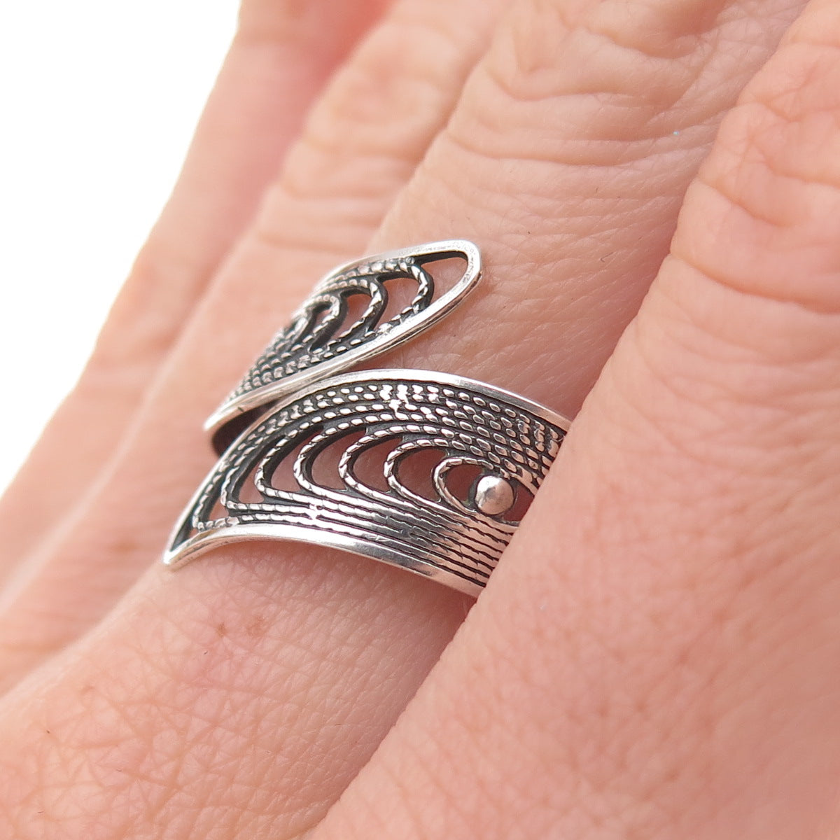 Beau Sterling Silver Antique Art Deco Filigree Bypass Adjustable Ring Size 9.75