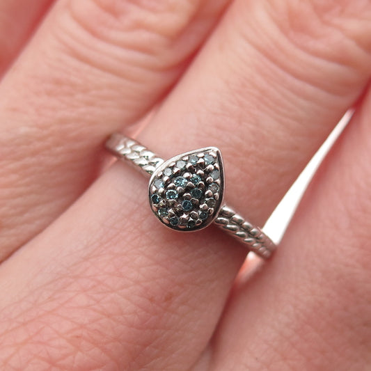 HN Heng Ngai 925 Sterling Silver Real Blue Diamond Teardrop Ring Size 6.25