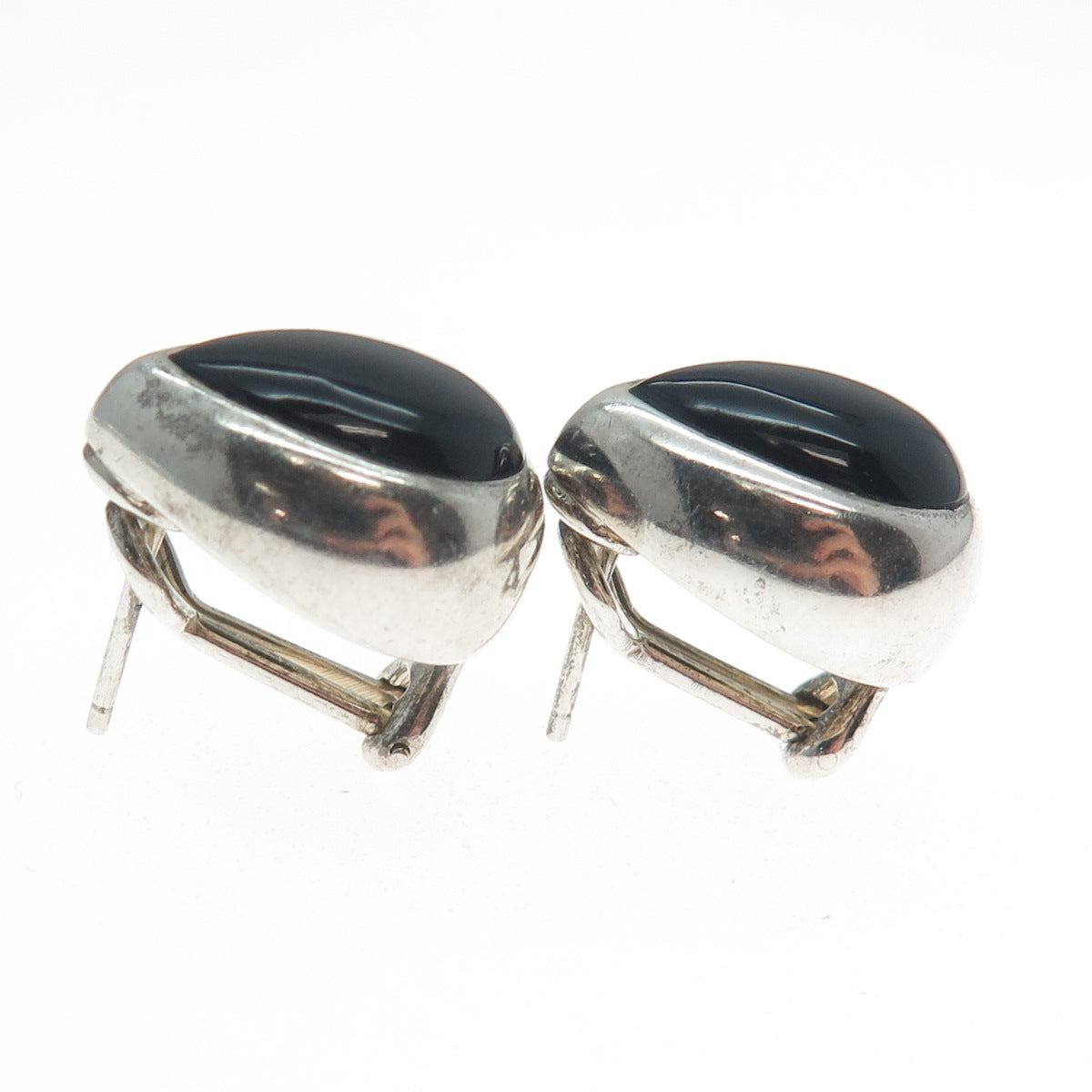 925 Sterling Silver Vintage Real Black Onyx Teardrop Omega Back Earrings