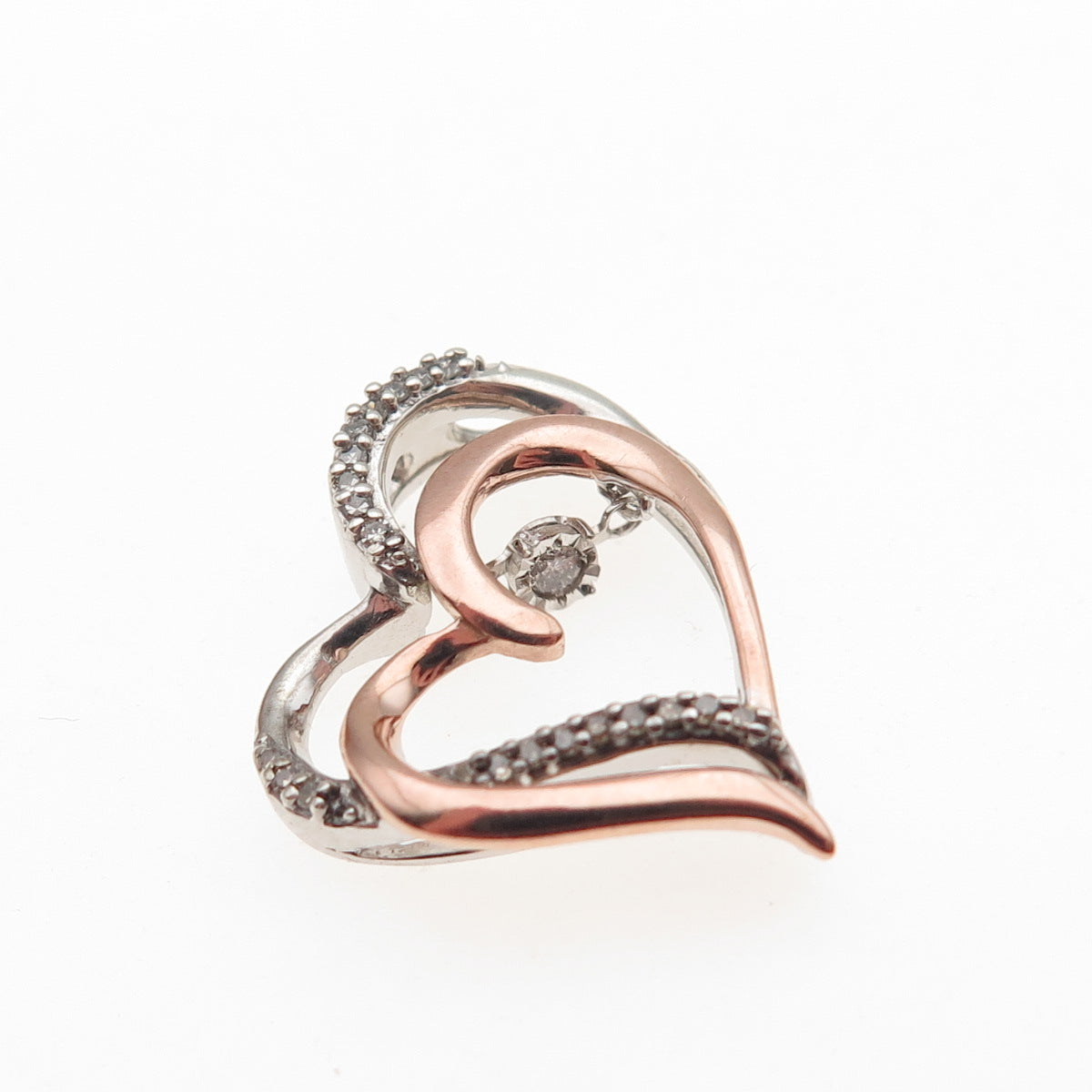 925 Sterling 10K Rose Gold Real Diamond Double Heart Mini Slide Charm Pendant