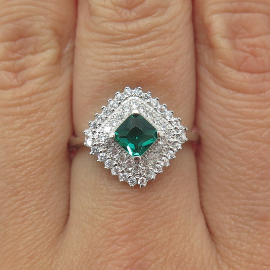 925 Sterling Silver Nano Emerald & Round-Cut C Z Ring Size 7.75