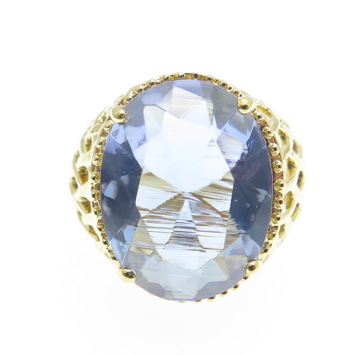 925 Sterling Silver Gold Plated Checkered Blue Crystal Cage Domed Ring Size 8.25