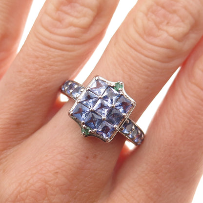 Chuck Clemency 925 Sterling Silver Real Tanzanite & Emerald Ring Size 8
