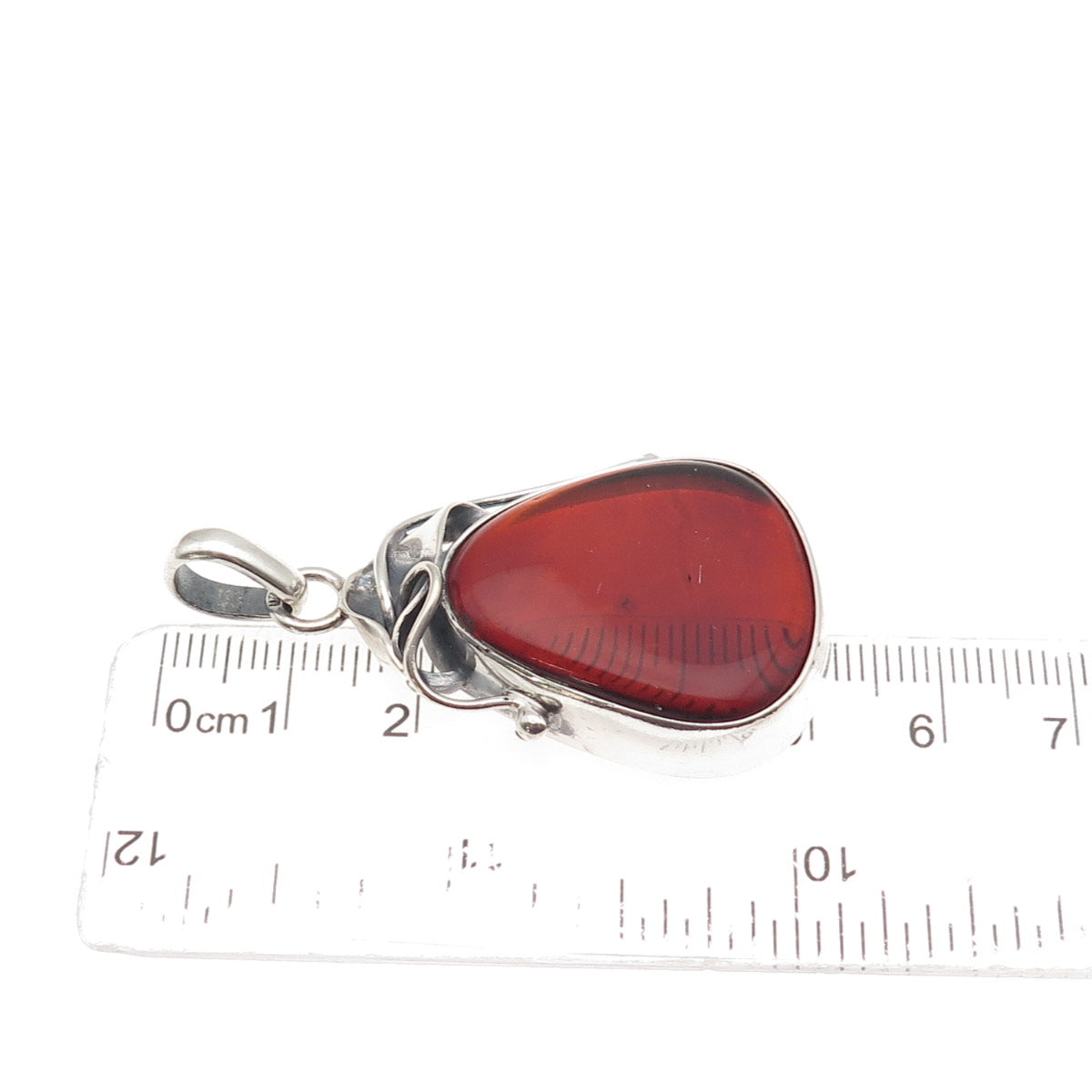 925 Sterling Silver Vintage Real Amber Modernist Oxidized Charm Pendant
