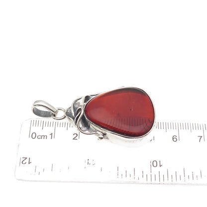 925 Sterling Silver Vintage Real Amber Modernist Oxidized Charm Pendant