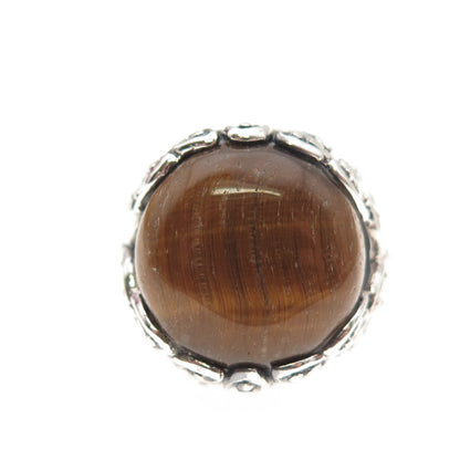 925 Sterling Silver Vintage Real Tiger Eye Modernist Oxidized Ring Size 5.75