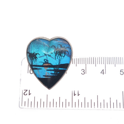 Silver-Tone Antique Art Deco Monarch Butterfly Wing Sunset Heart Pin Brooch
