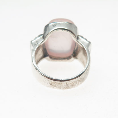 925 Sterling Silver Vintage Real Rose Quartz Modernist Oxidized Ring Size 9.5