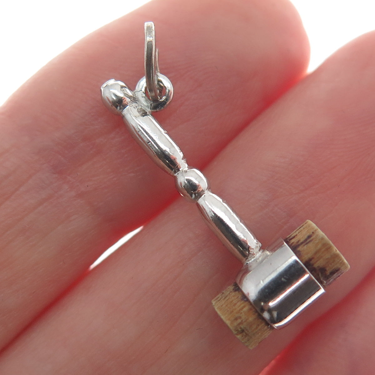 BEAU 925 Sterling Silver Antique Wood Judge's Hammer Charm Pendant