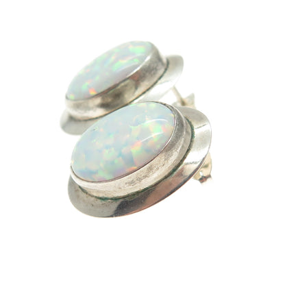 925 Sterling Silver Vintage Real White Opal Gemstone Modernist Earrings