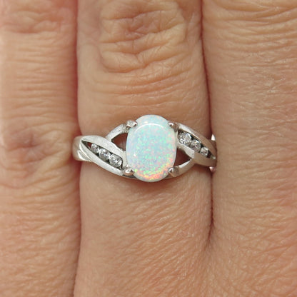 RJ GRAZIANO Sterling Silver Real Oval-Cut Opal & Round-Cut C Z Ring Size 6