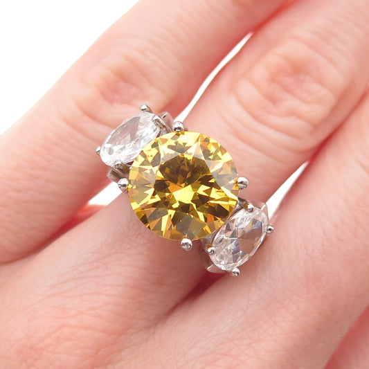 925 Sterling Silver Round-Cut Canary & Oval-Cut White C Z Ring Size 6.25