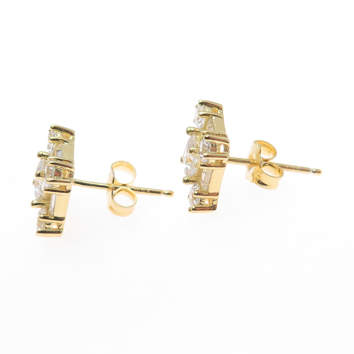925 Sterling Silver Gold Plated Princess Emerald & Round-Cut C Z Stud Earrings