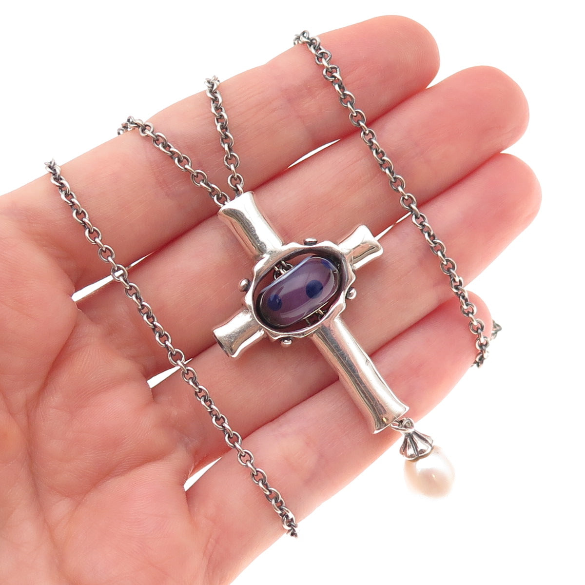 Trollbeads Sterling Silver Real Pearl & Murano Glass Cross Chain Necklace 36"