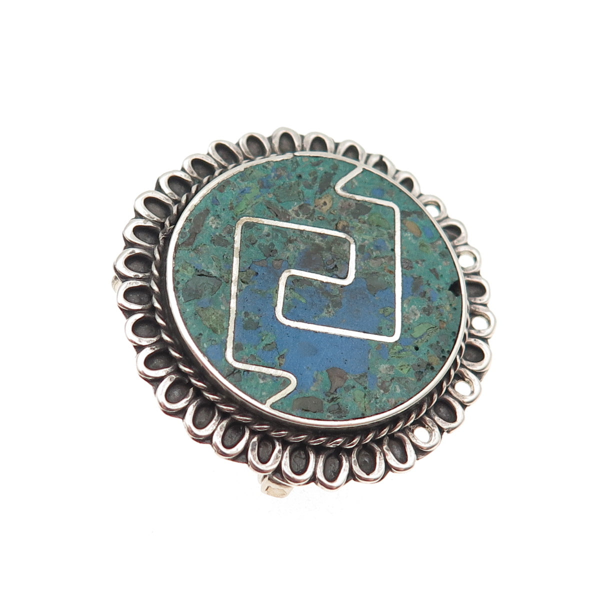 925 Sterling Silver Vintage Mexico Real Azurite Oxidized Pin Brooch / Pendant