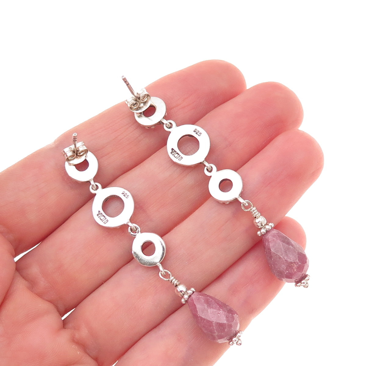925 Sterling Silver Vintage Real Rhodonite Circle Link Oxidized Dangle Earrings